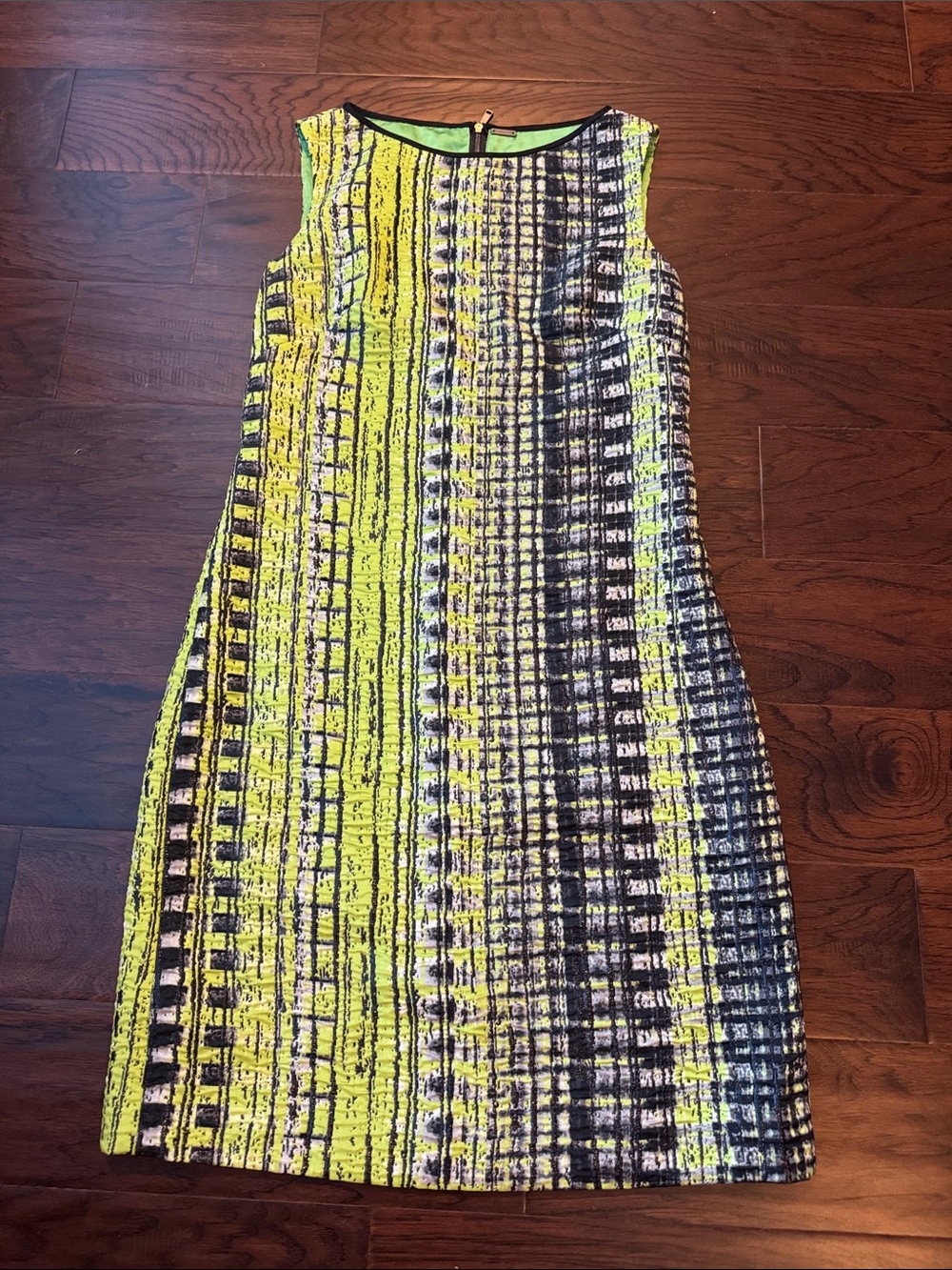 Elie Tahari Neon Green and Black Patterned Midi Shift Dress